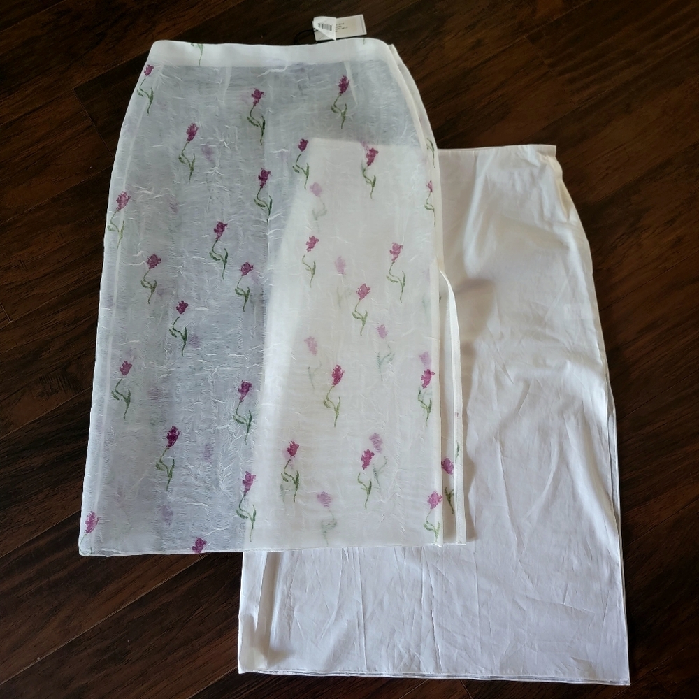NWT Marina Moscone Ivory White  Sheer Tubino Floral Print‎ Midi Skirt Size 10